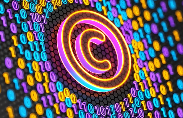 A neon copyright symbol surrounded by colorful binary code on a digital, hexagonal background.